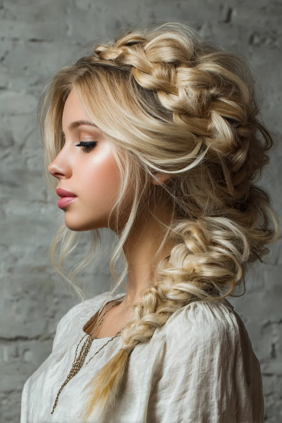 Textured Boho Side Braid with Braided Crown and Loose Waves