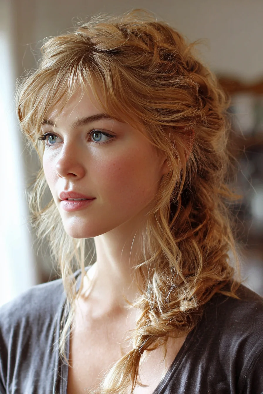 Textured Boho Side Fishtail Braid with Curtain Bangs
