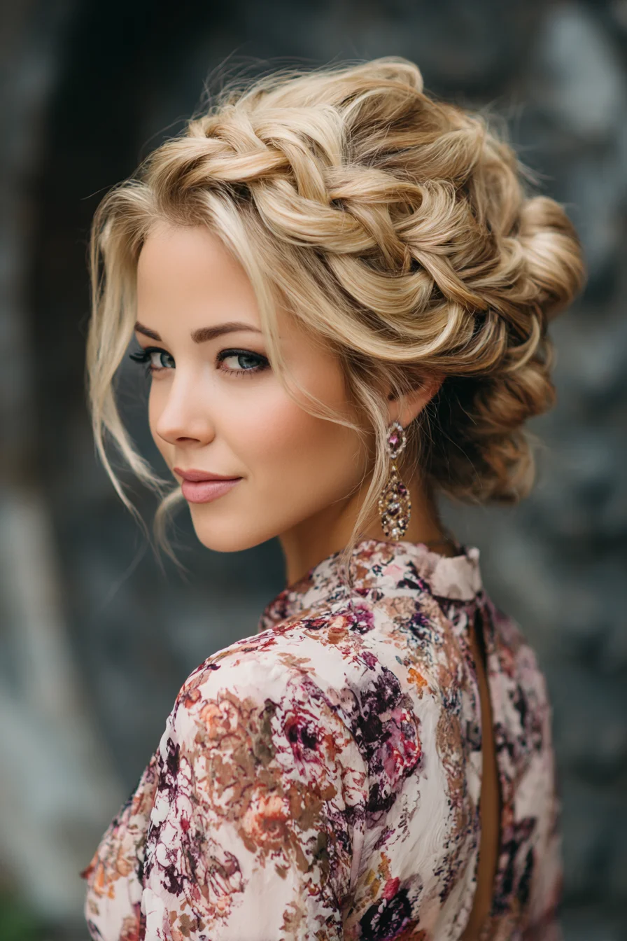 Textured Braided Crown Updo for Medium-Long Wavy Hair