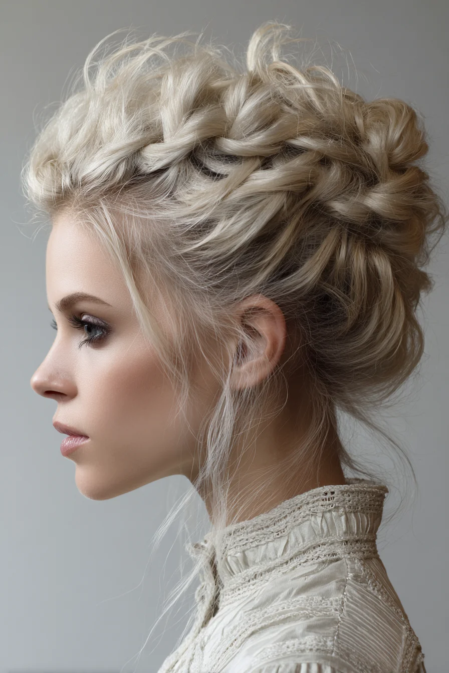 Textured Braided Crown Updo — French/Dutch Braid Wrapped into a Messy Bun