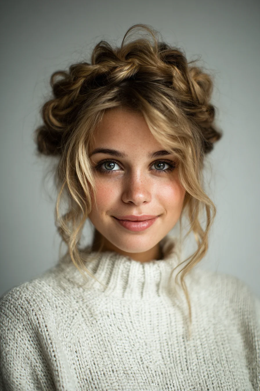 Textured Braided Crown Updo with Loose Face‑Framing Tendrils