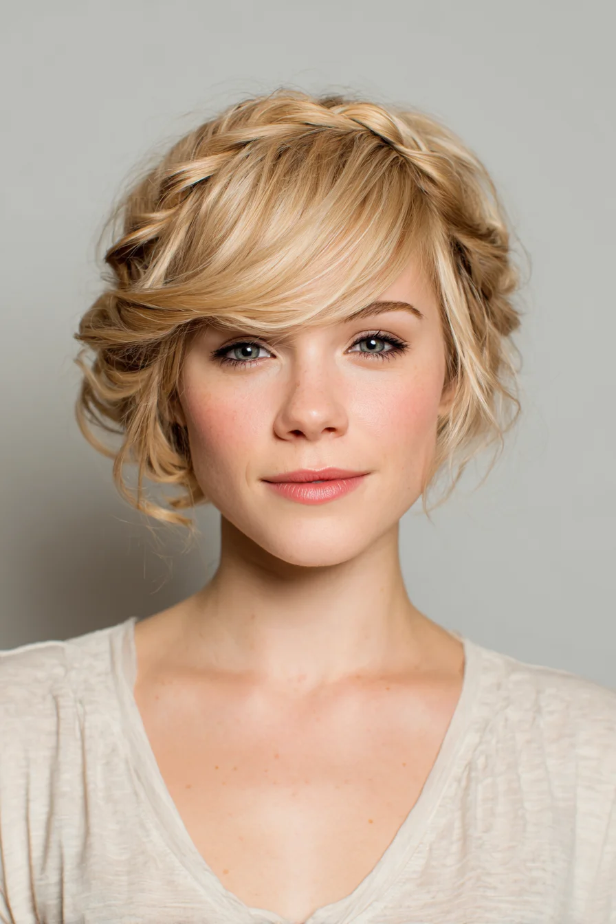 Textured Braided Crown Updo with Side‑Swept Bangs — Short to Medium Hair