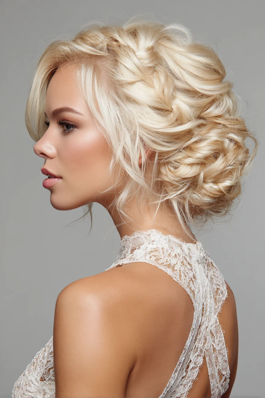Textured Braided Low Bun — Loose Side Braid Updo for Bridal & Special Occasions