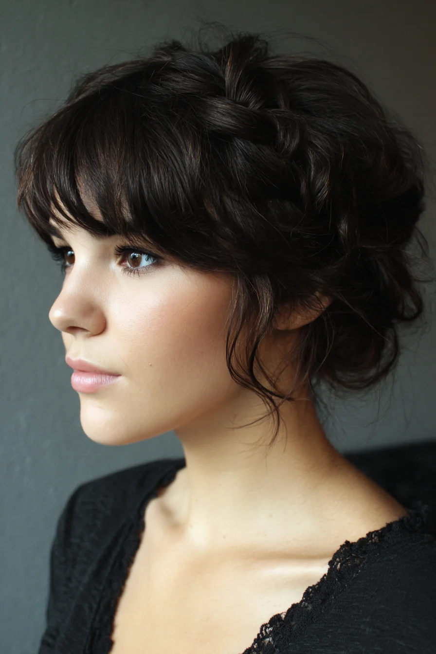 Textured Braided Low Bun with Soft Curtain Bangs