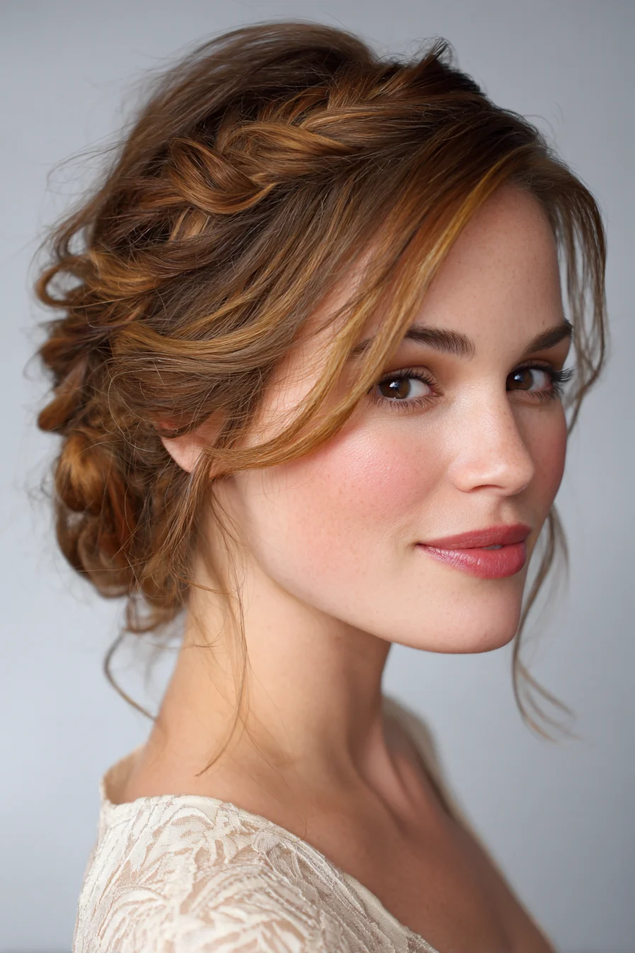 Textured Braided Low Updo with Face‑Framing Tendrils