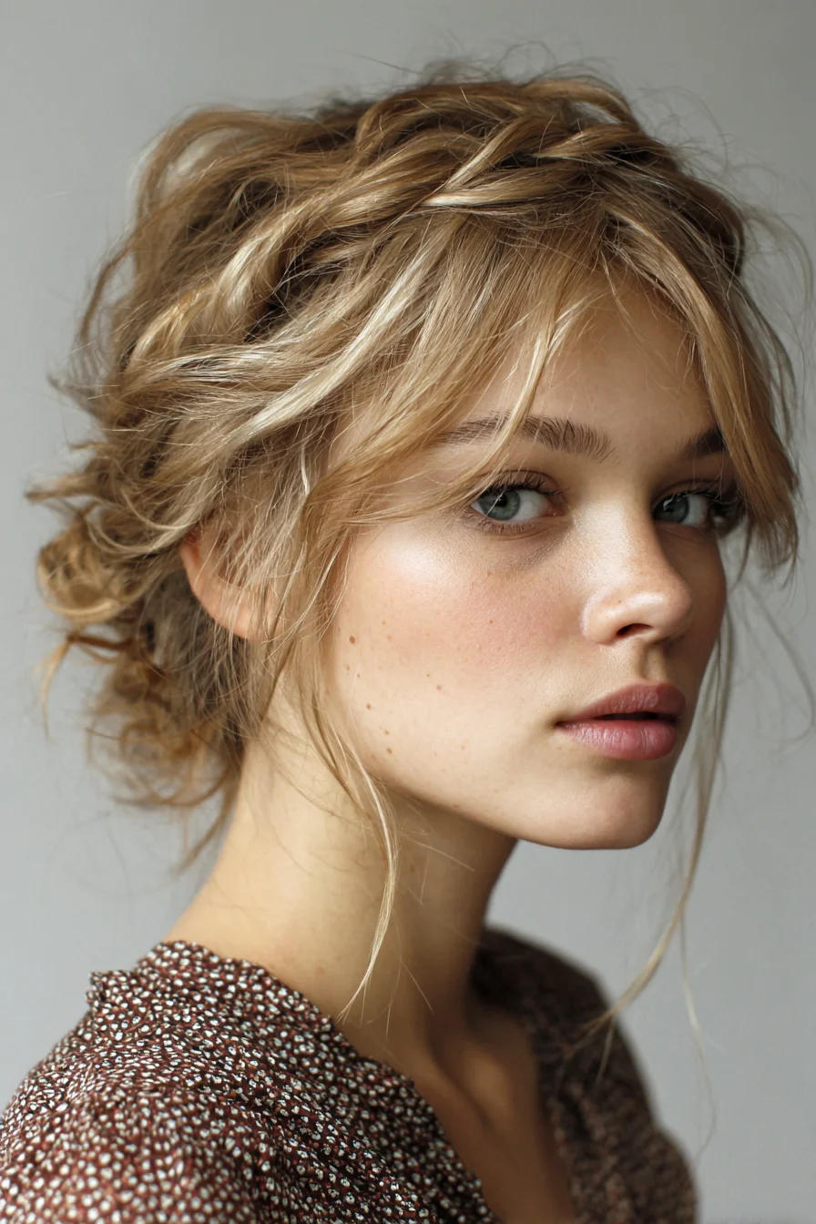 Textured Braided Low Updo with Face‑Framing Wisps