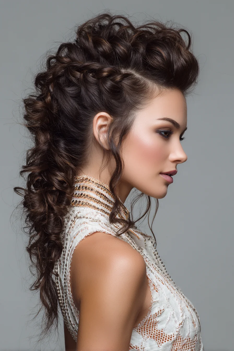 Textured Braided Mohawk Updo with Cascading Curly Ponytail