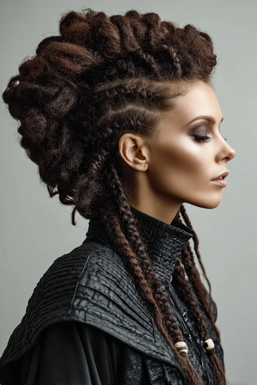 Textured Braided Mohawk with Side Cornrows and Chunky Twists