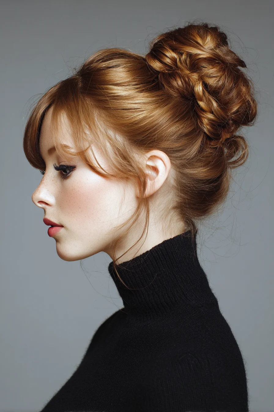 Textured Braided Top Knot Updo with Soft Face‑Framing Bangs