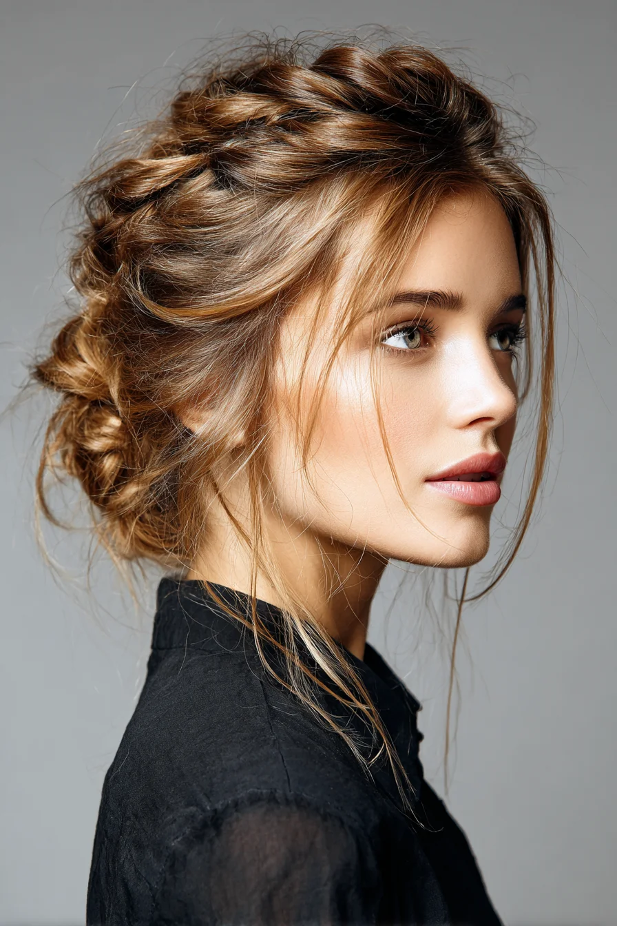 Textured Braided Updo with Face‑Framing Tendrils