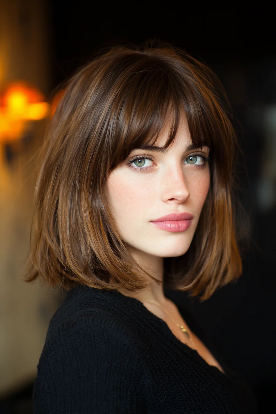 Textured Chin-Length Bob with Soft Fringe (Chestnut Lob)