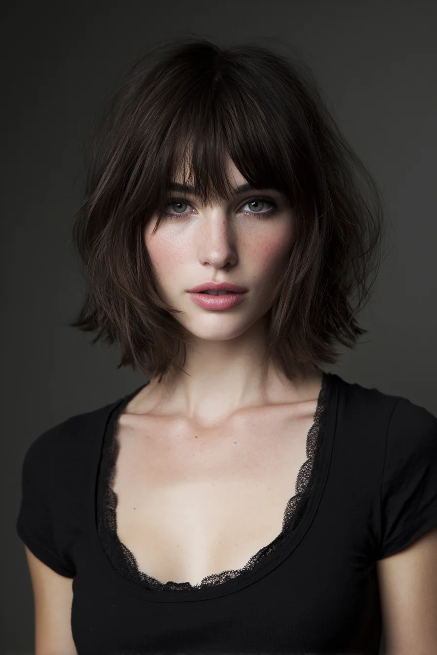 Textured Chin-Length Bob with Wispy Curtain Bangs