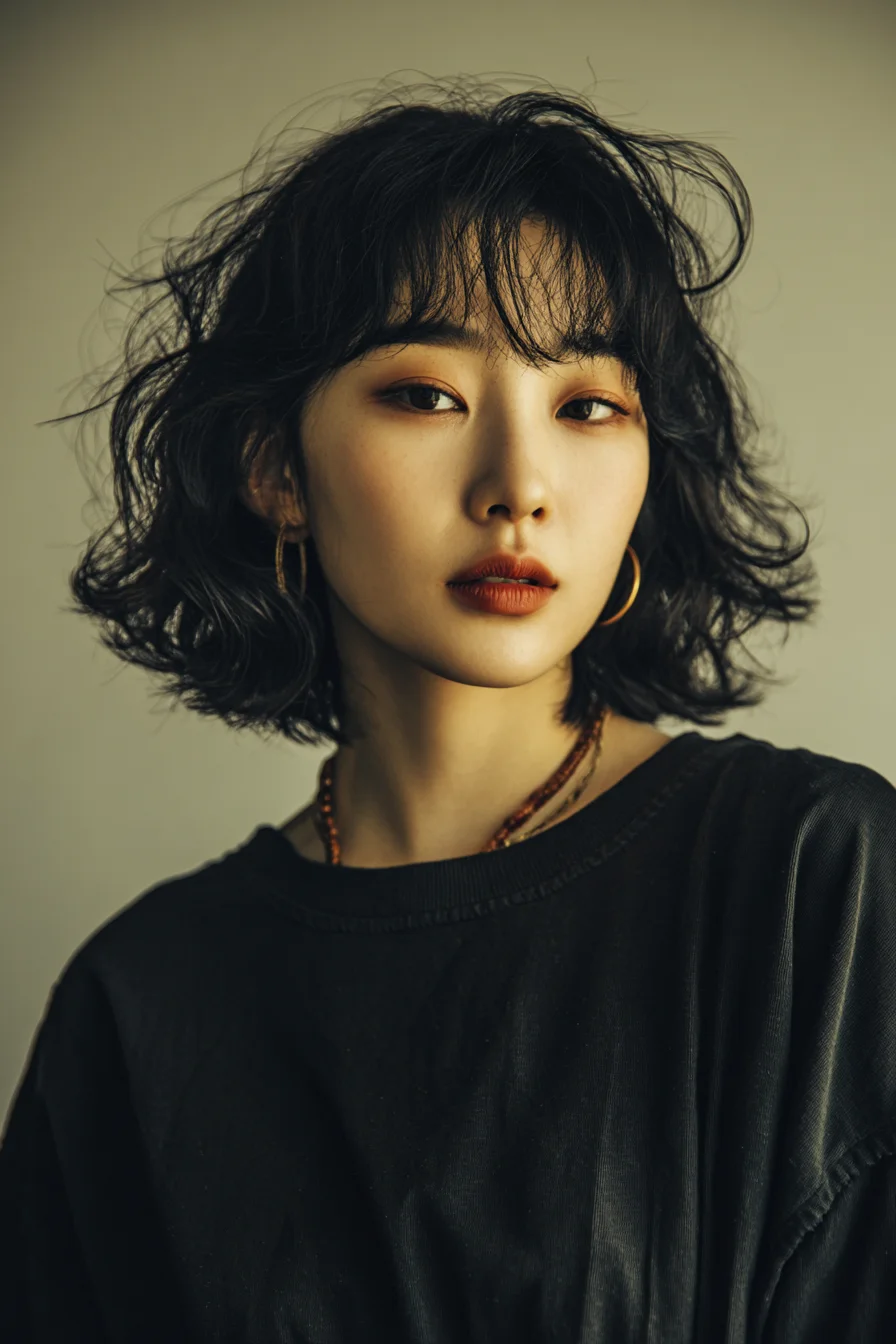 Textured Chin-Length Wavy Bob with Curtain Bangs