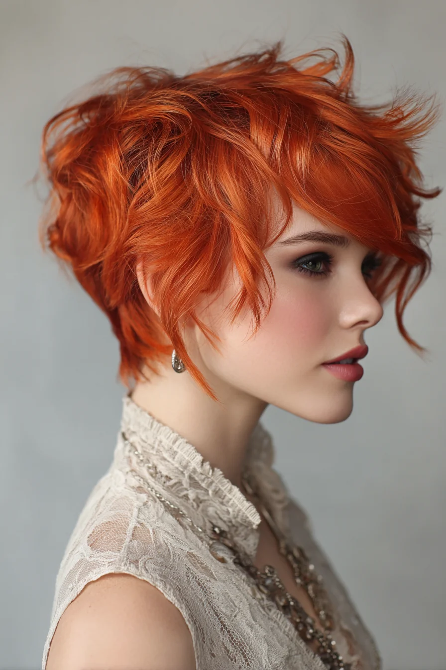 Textured Choppy Pixie with Side-Swept Fringe — Copper Red