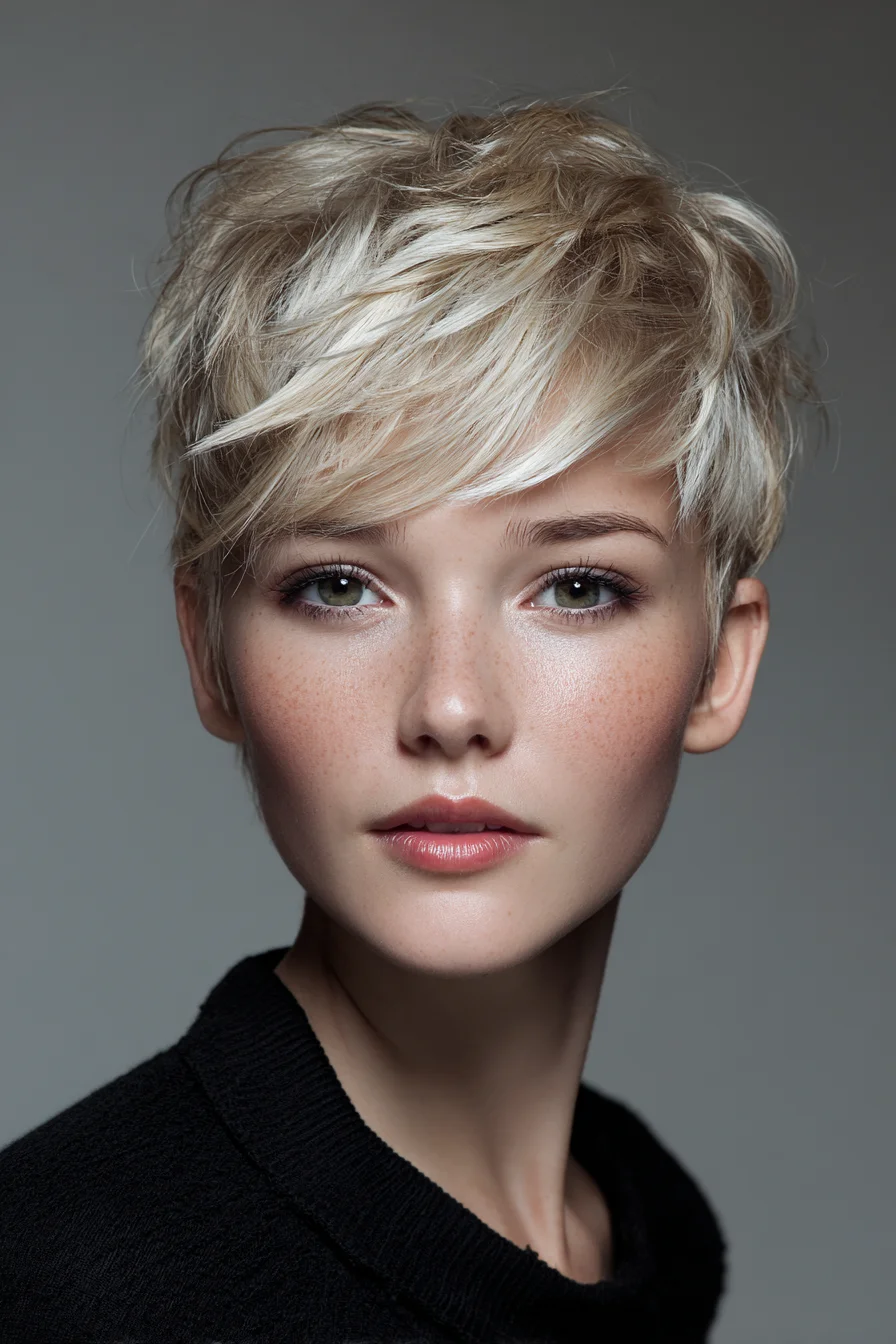 Textured Choppy Pixie with Side-Swept Fringe — Short Layered Crop