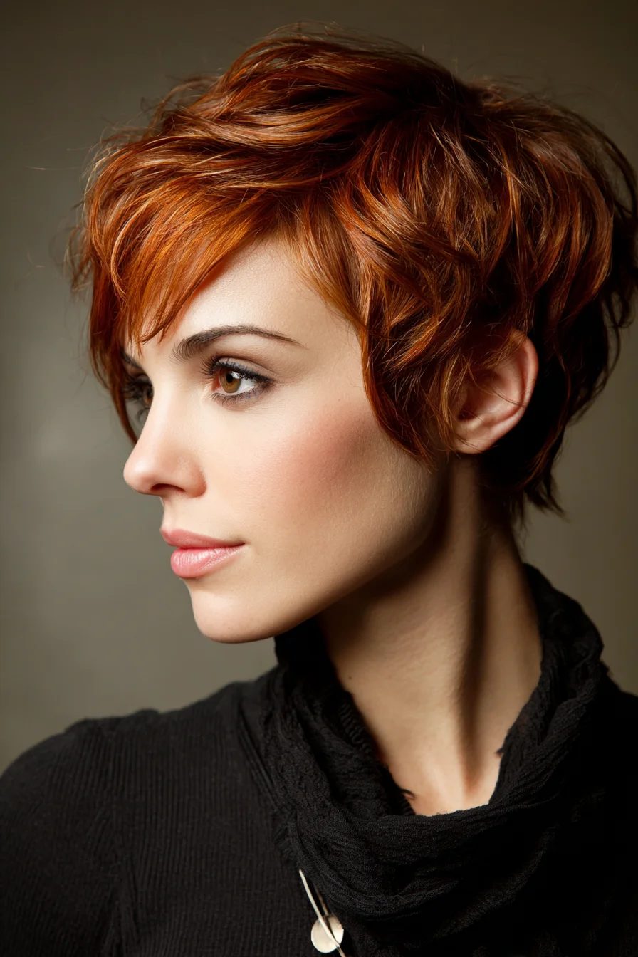 Textured Choppy Pixie with Side-Swept Fringe — Short Layered Red Style