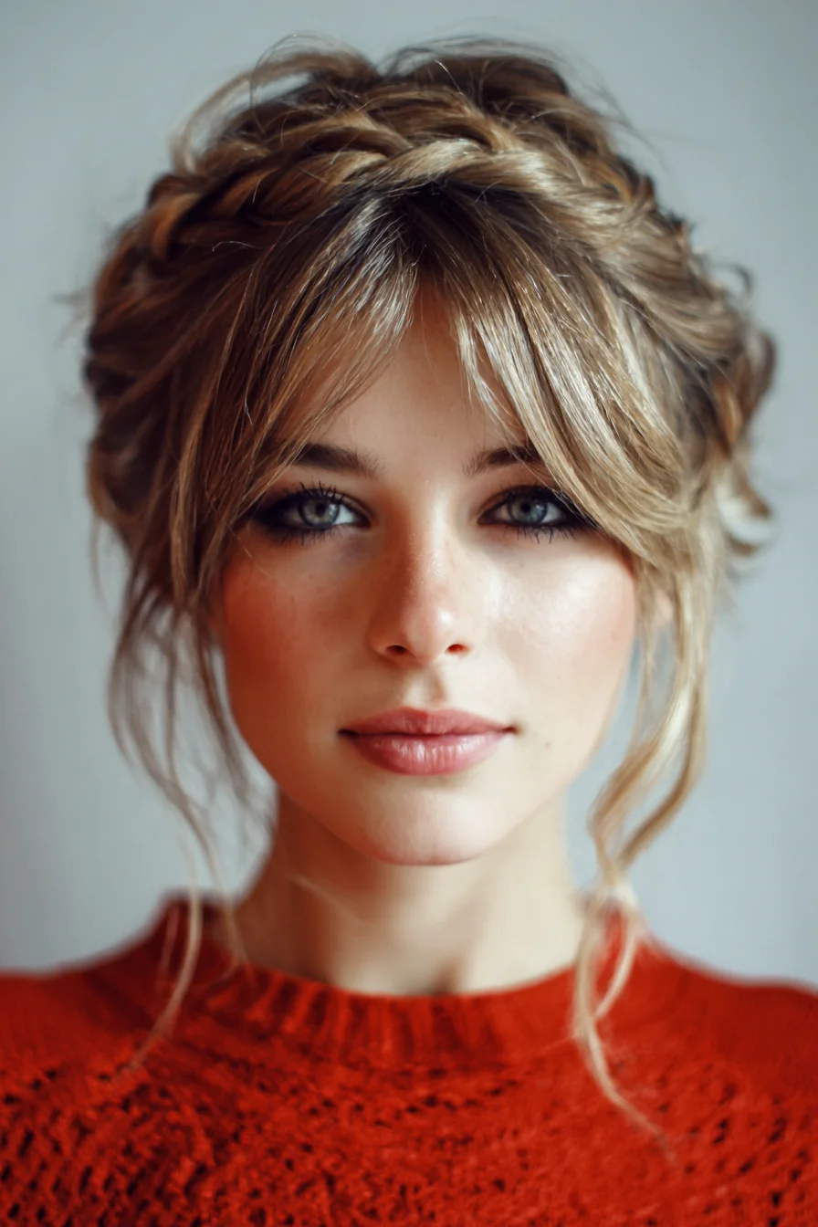 Textured Crown Braid Updo with Curtain Bangs and Face‑Framing Tendrils