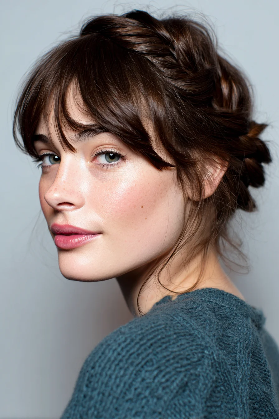 Textured Crown Braid Updo with Curtain Bangs