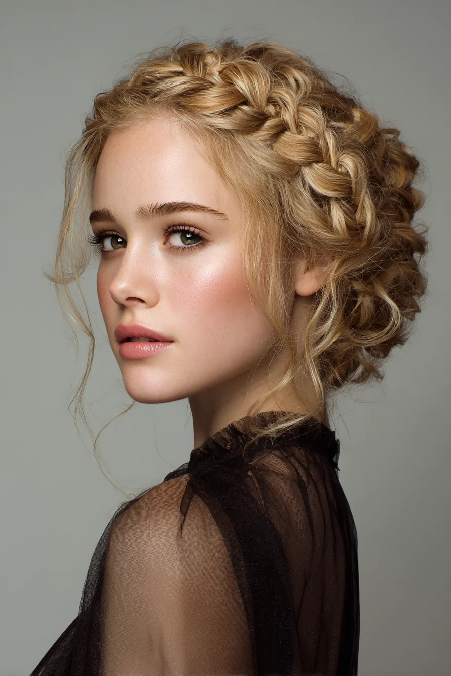 Textured Crown Braid Updo with Loose Face‑Framing Tendrils