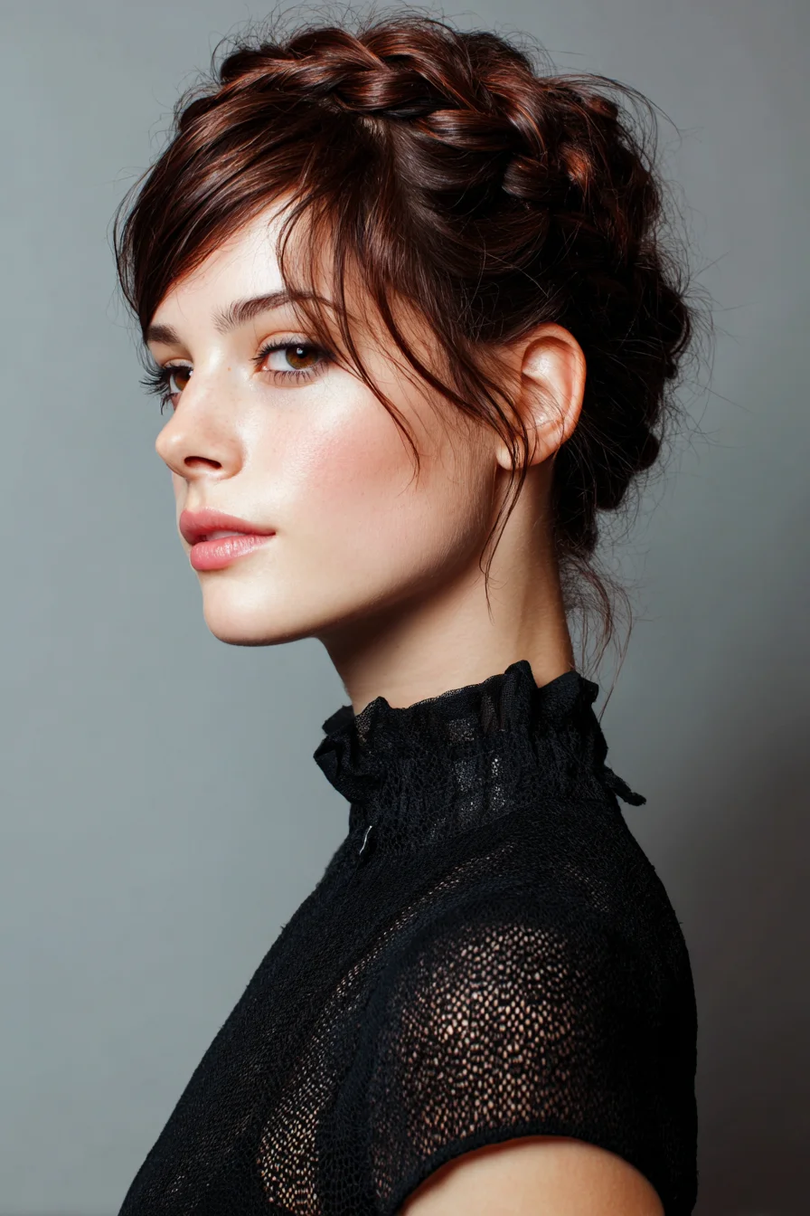 Textured Crown Braid Updo with Soft Face‑Framing Fringe