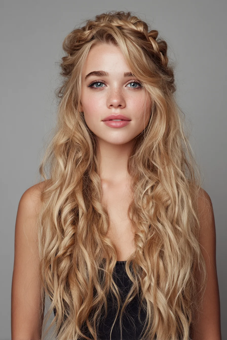 Textured Crown Braid with Loose Beach Waves