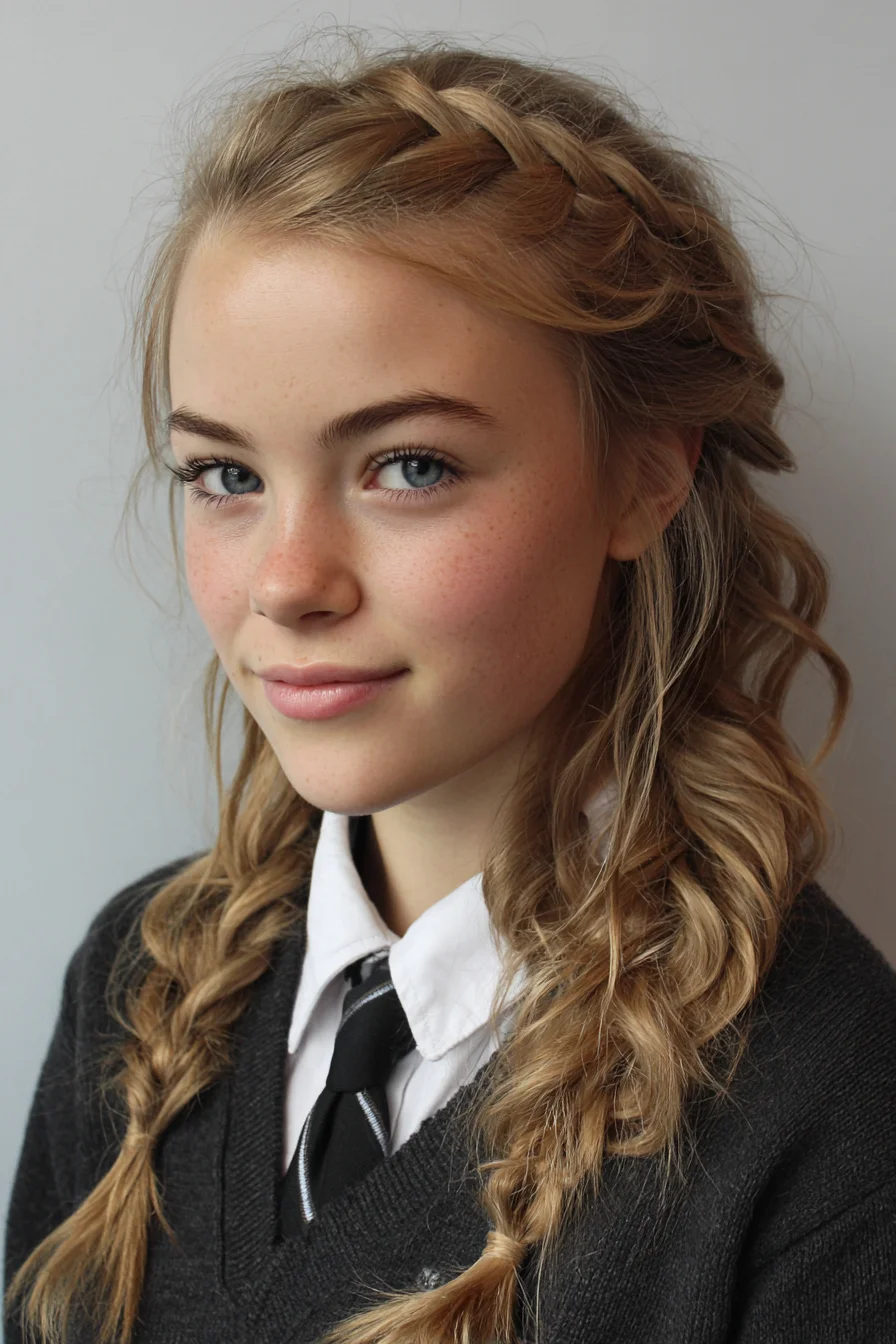 Textured Crown Braid with Loose Double Braids and Beachy Waves