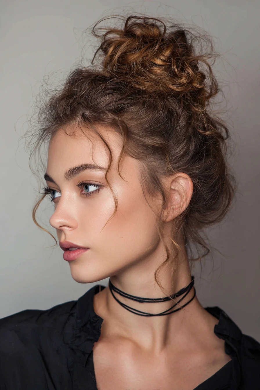 Textured Curly High Messy Bun with Face‑Framing Tendrils