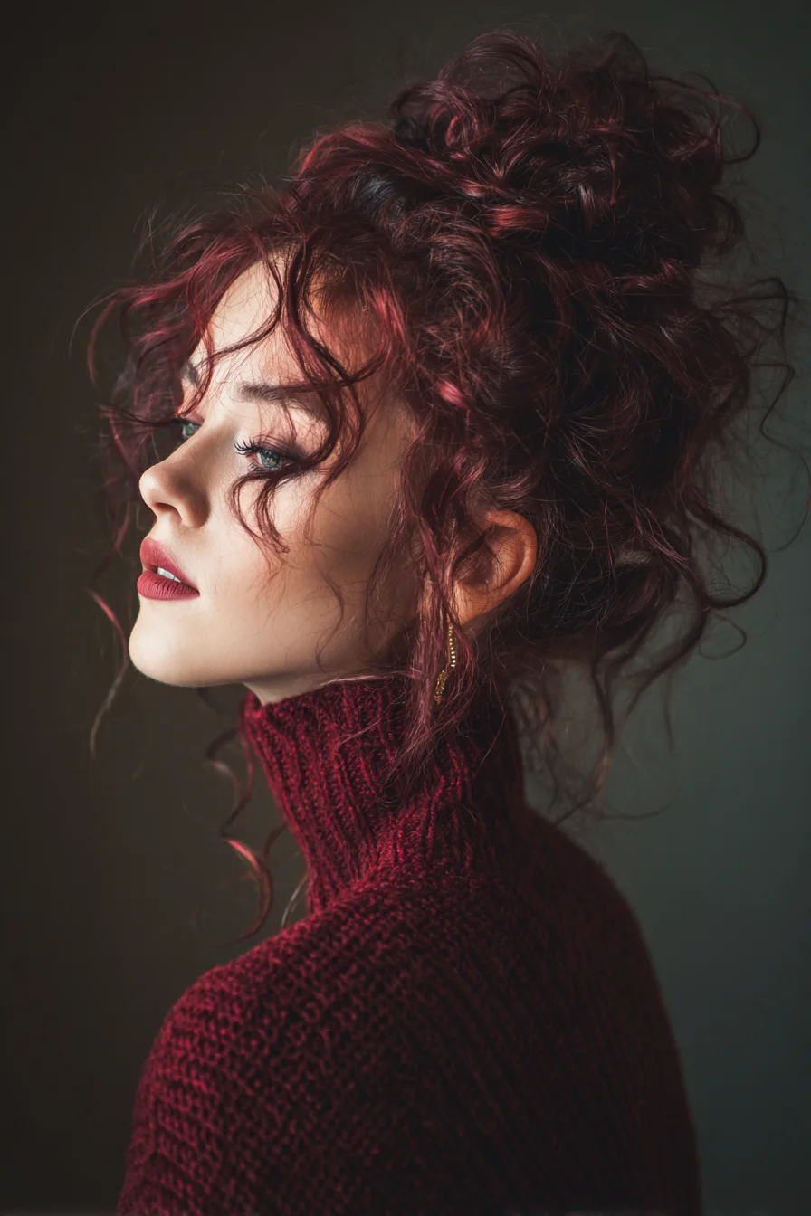 Textured Curly Messy Bun with Face‑Framing Tendrils