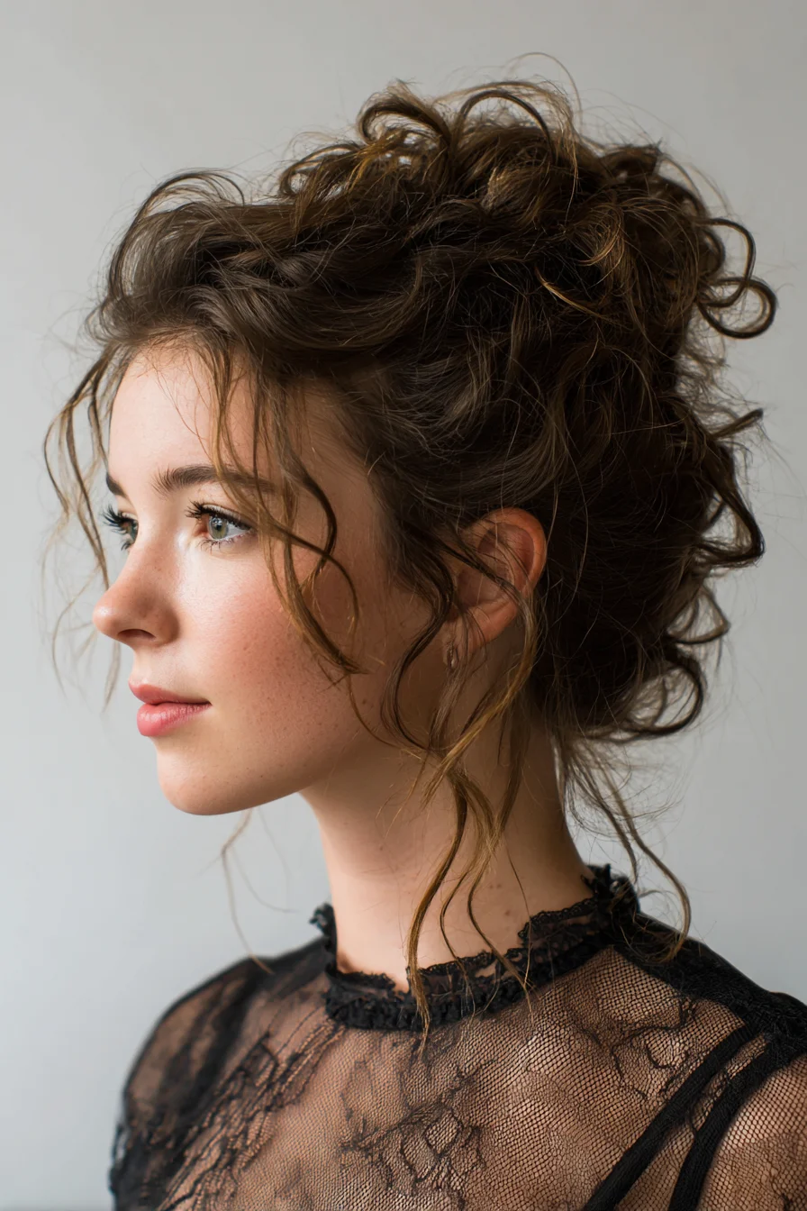 Textured Curly Messy Updo with Face-Framing Tendrils
