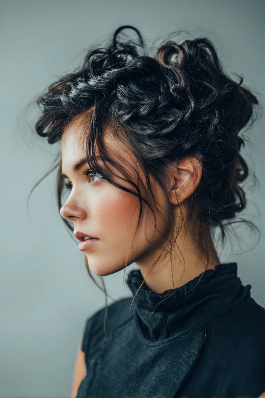 Textured Curly Messy Updo with Face‑Framing Tendrils