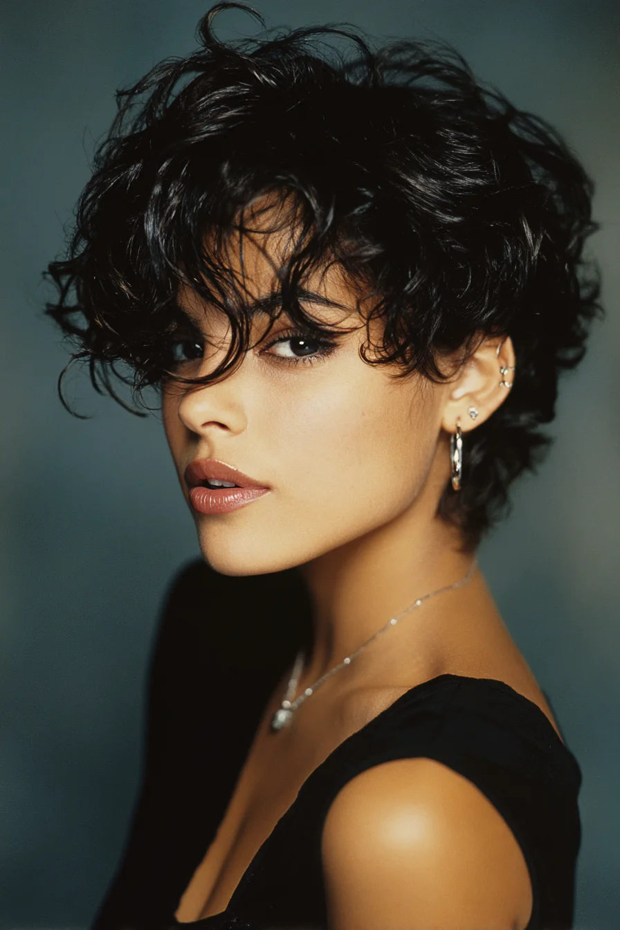 Textured Curly Pixie Cut with Tousled Fringe