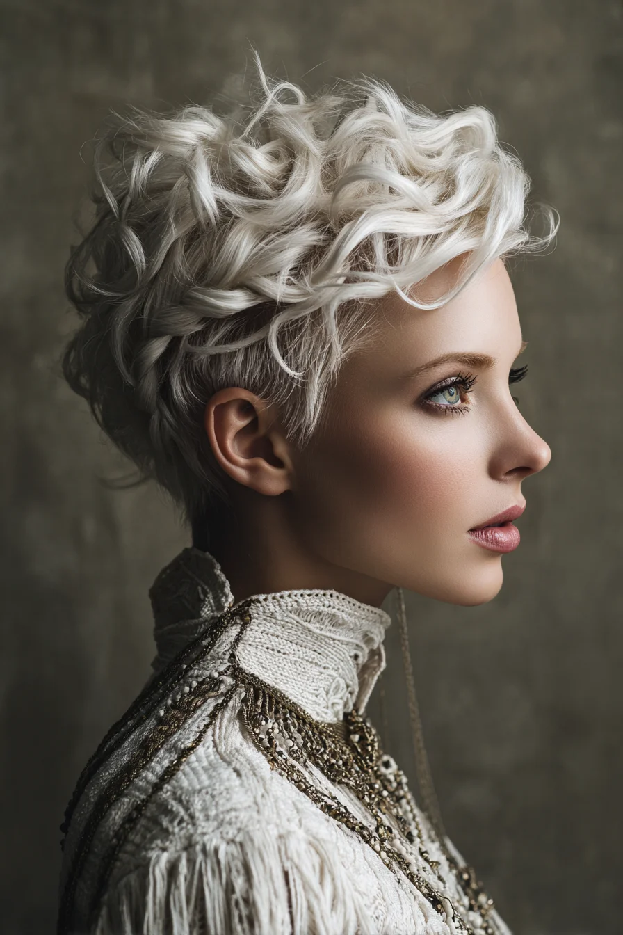Textured Curly Pixie with Braided Side — Short, Voluminous Platinum Style