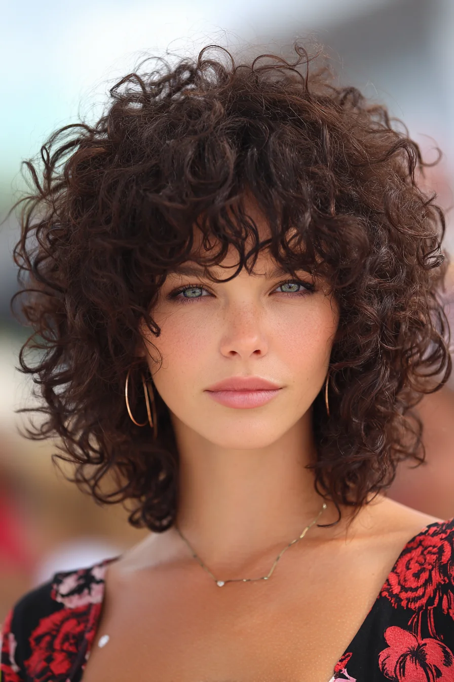 Textured Curly Shag with Face‑Framing Bangs (Medium Length Curls)
