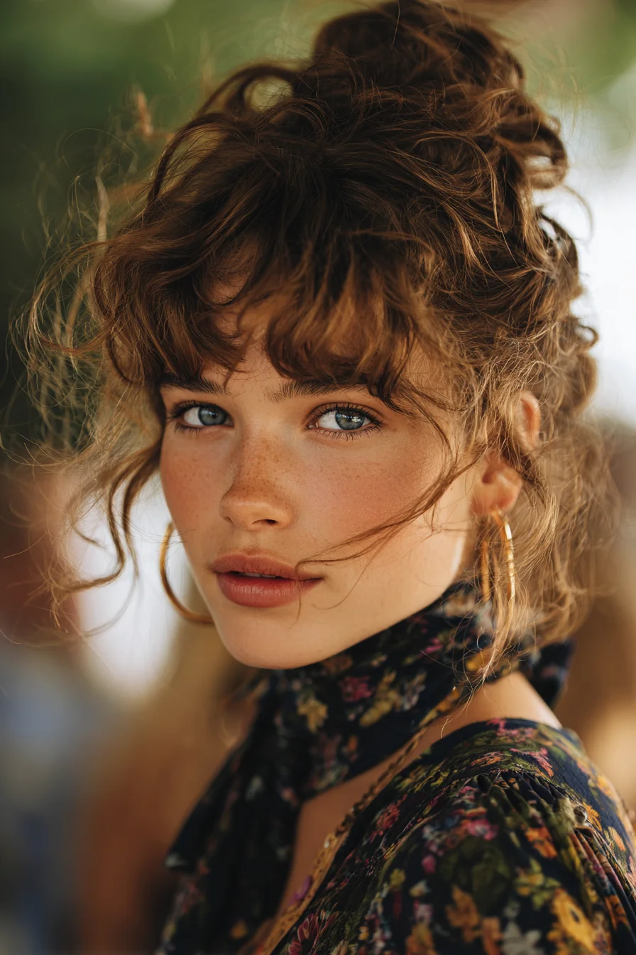 Textured Curly Topknot with Curtain Bangs