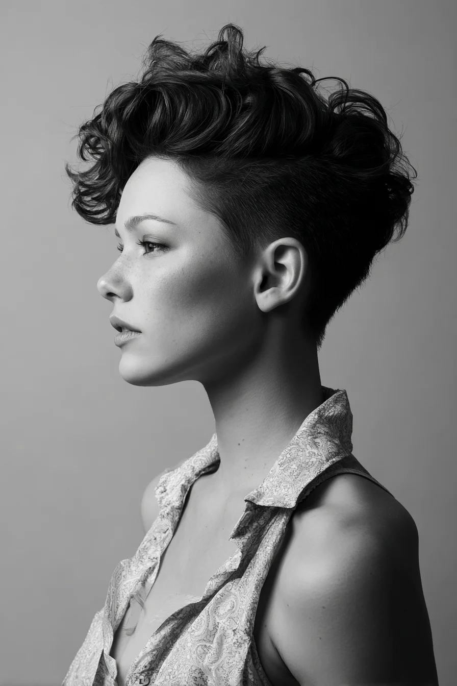 Textured Curly Undercut Pompadour — Short Sides, Voluminous Top