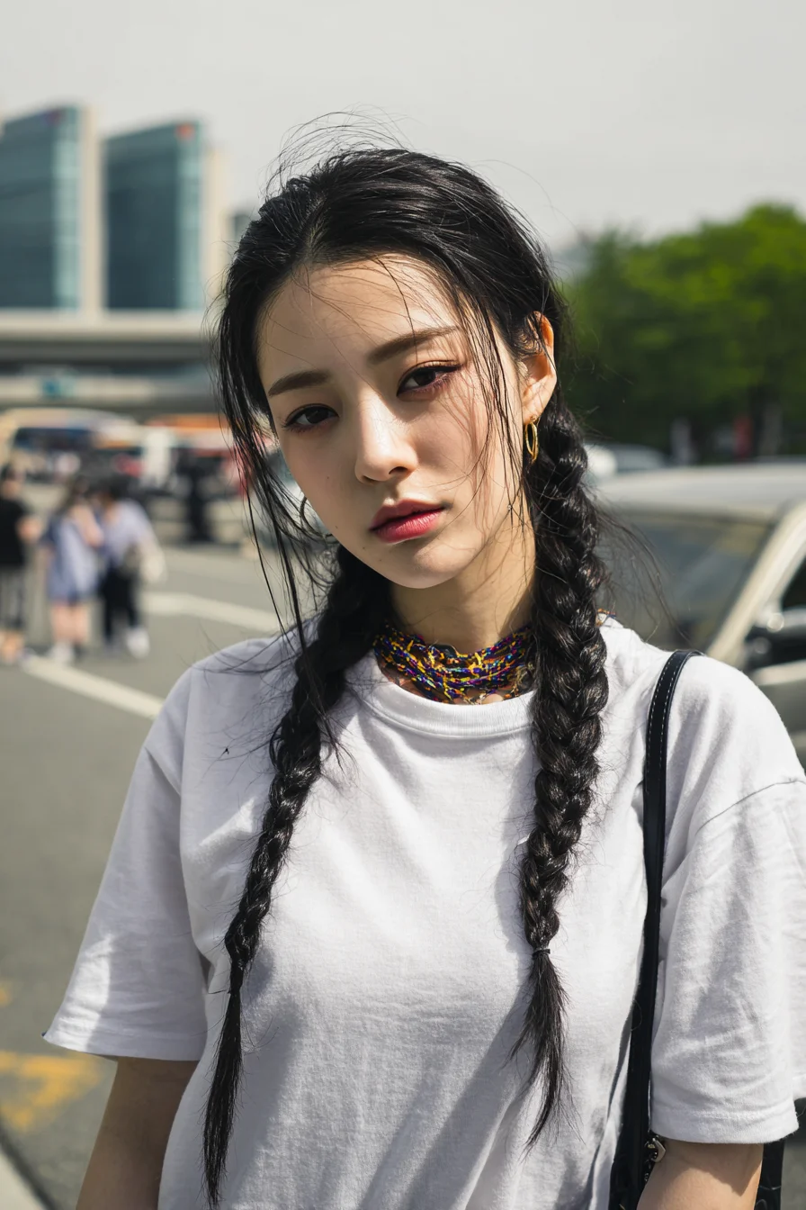 Textured Double Braids with Face‑Framing Wisps