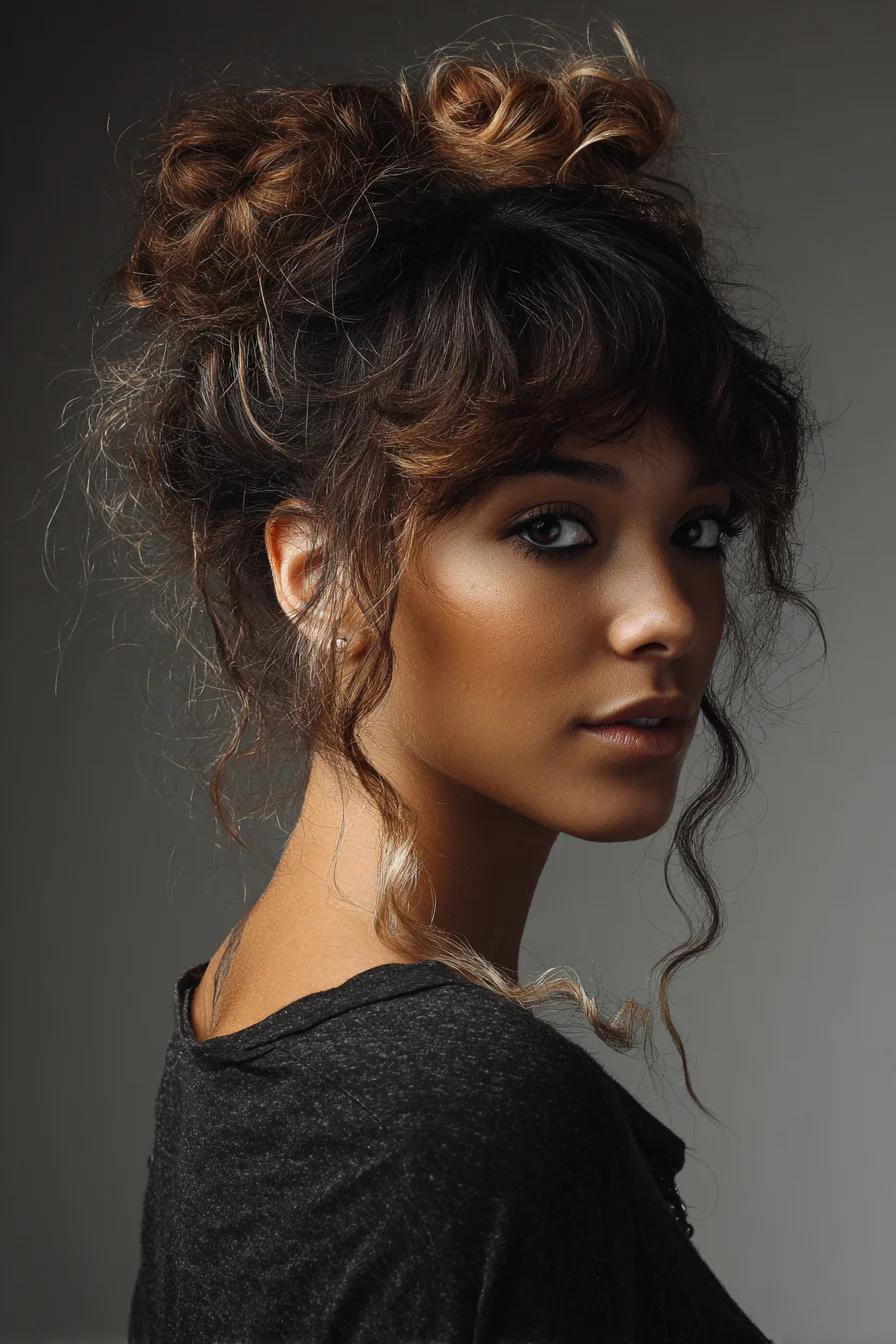 Textured Double Topknots with Curtain Bangs and Face‑Framing Tendrils