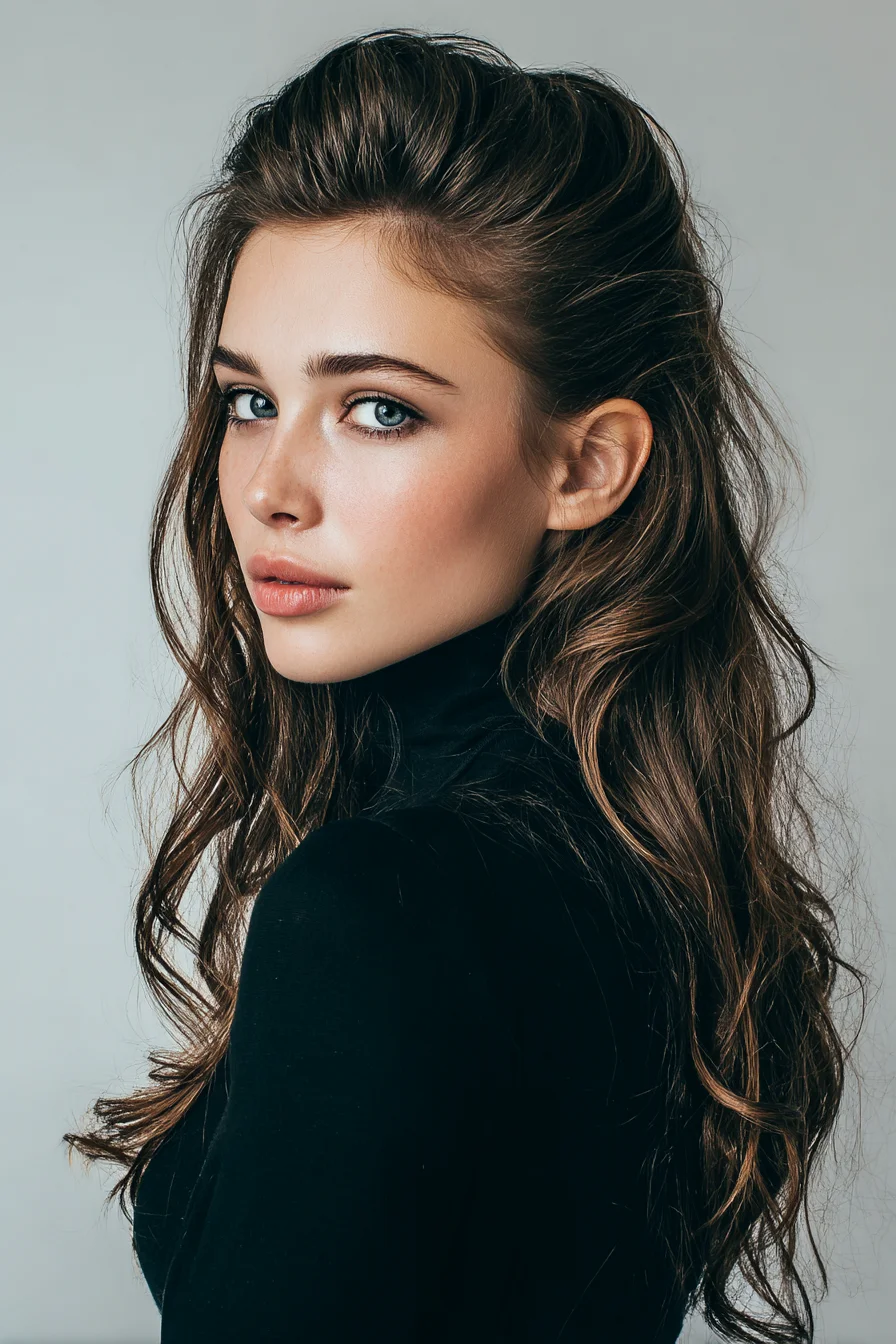 Textured Half-Pulled Back Waves for Long Layered Hair