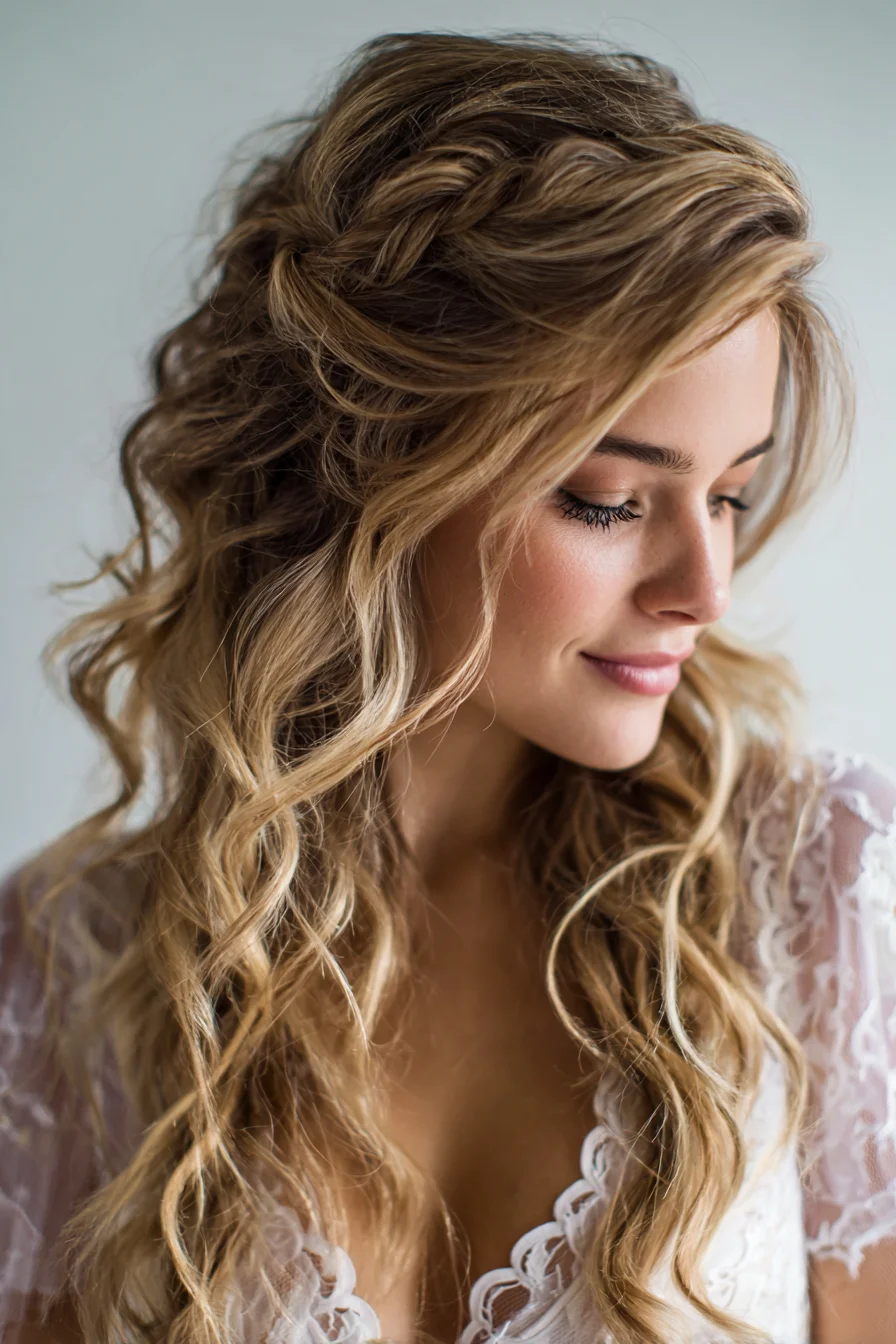 Textured Half-Up Beach Waves with Loose Braids
