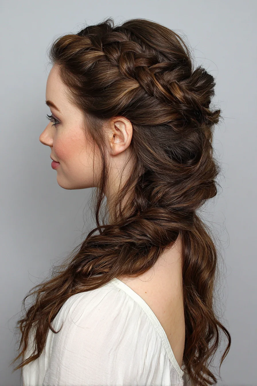 Textured Half-Up Braided Crown with Loose Romantic Waves