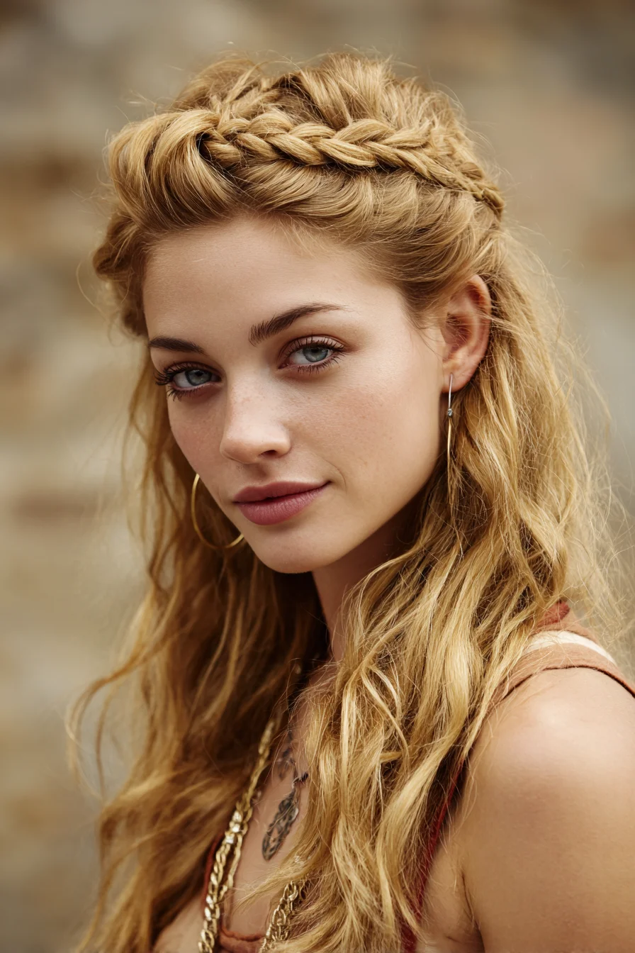 Textured Half-Up Crown Braid with Loose Beach Waves