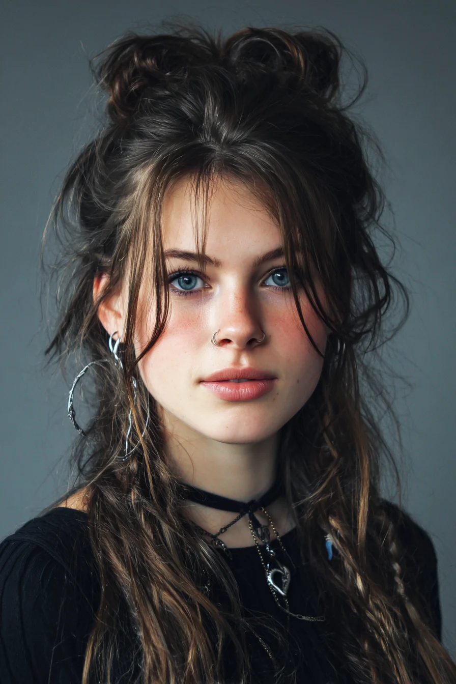 Textured Half-Up Double Bun with Face‑Framing Layers & Accent Braids