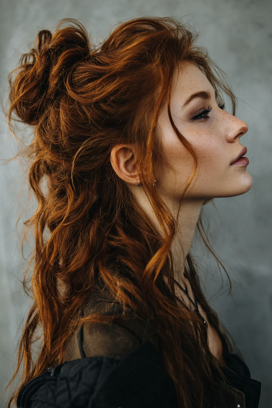Textured Half-Up Messy Bun with Loose Waves and Face-Framing Tendrils