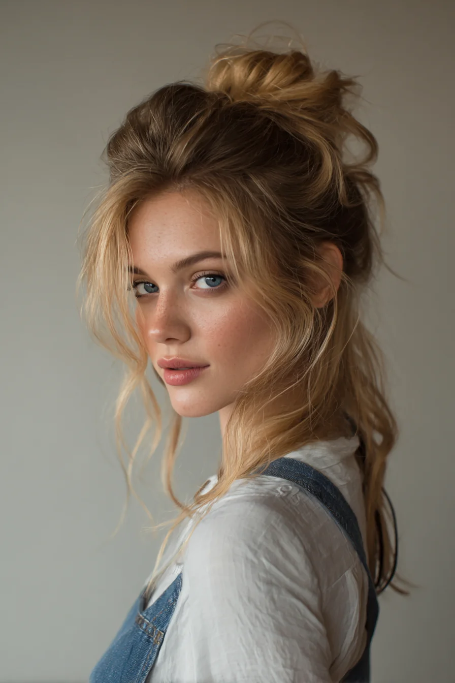Textured Half-Up Messy Topknot with Face‑Framing Layers