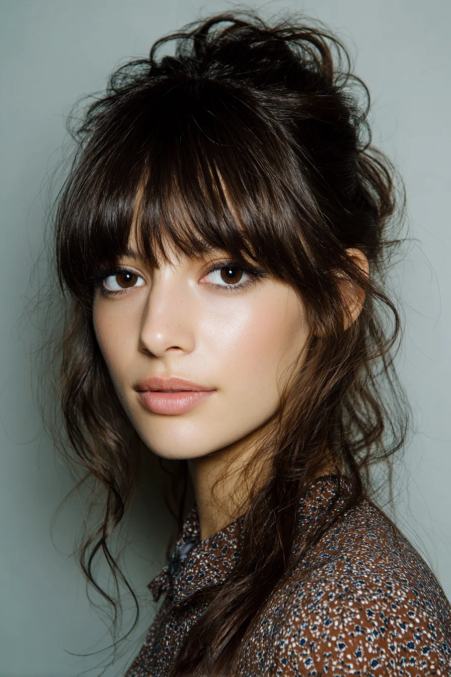 Textured Half-Up Messy Updo with Curtain Bangs
