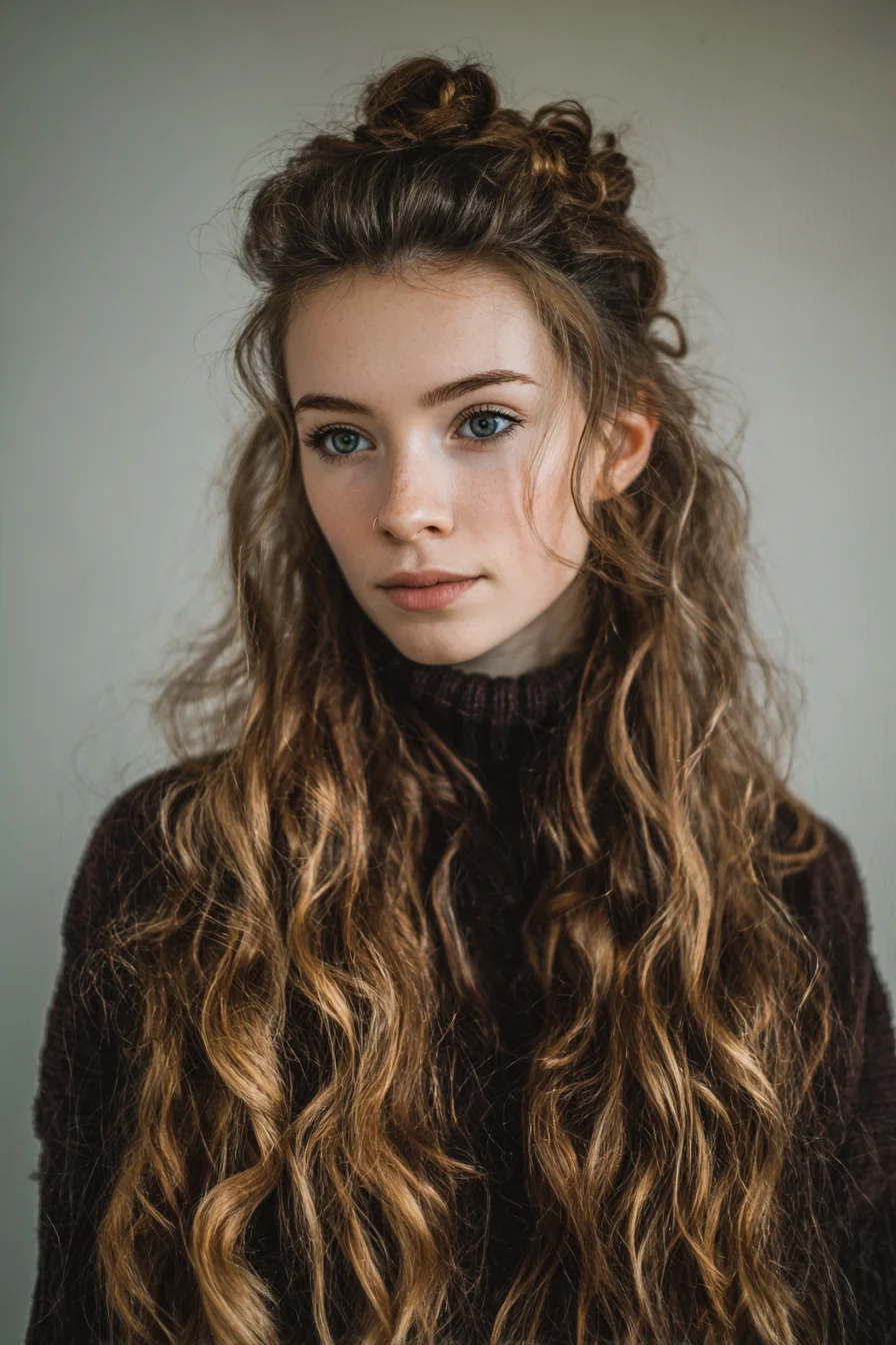 Textured Half-Up Mini Buns for Long Wavy Hair