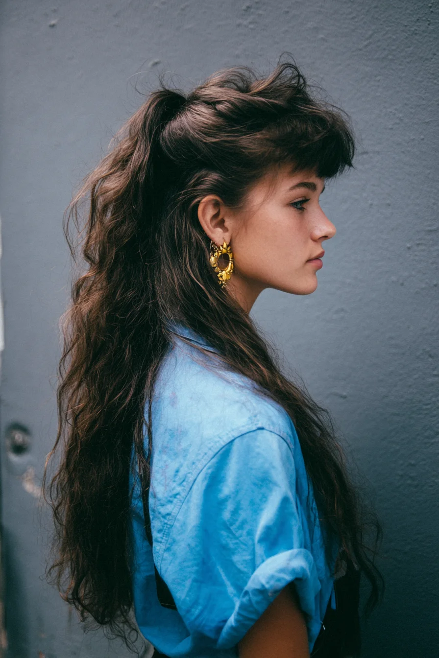 Textured Half-Up Ponytail with Curtain Bangs for Wavy Hair