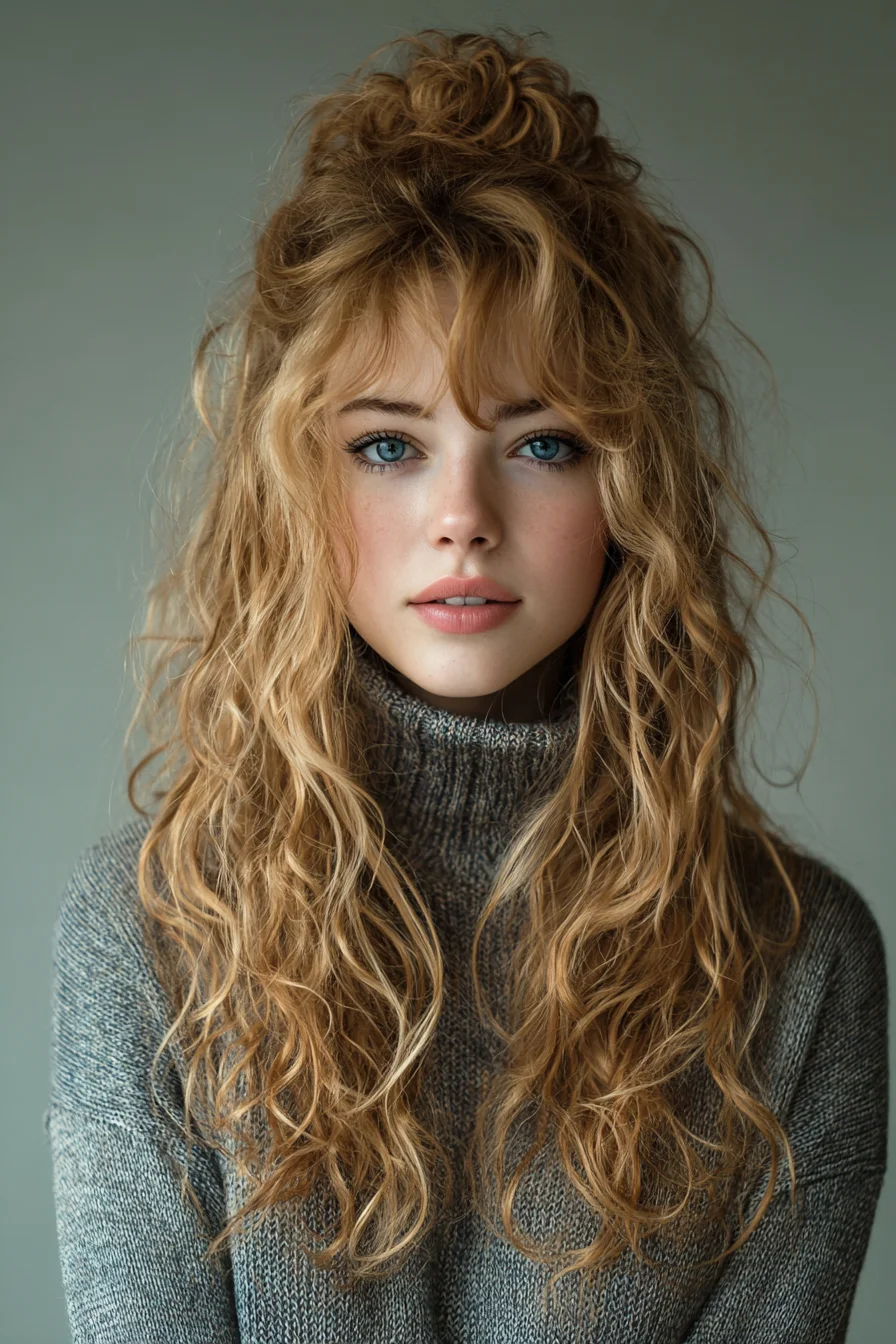 Textured Half-Up Top Knot with Long Beachy Waves and Curtain Bangs