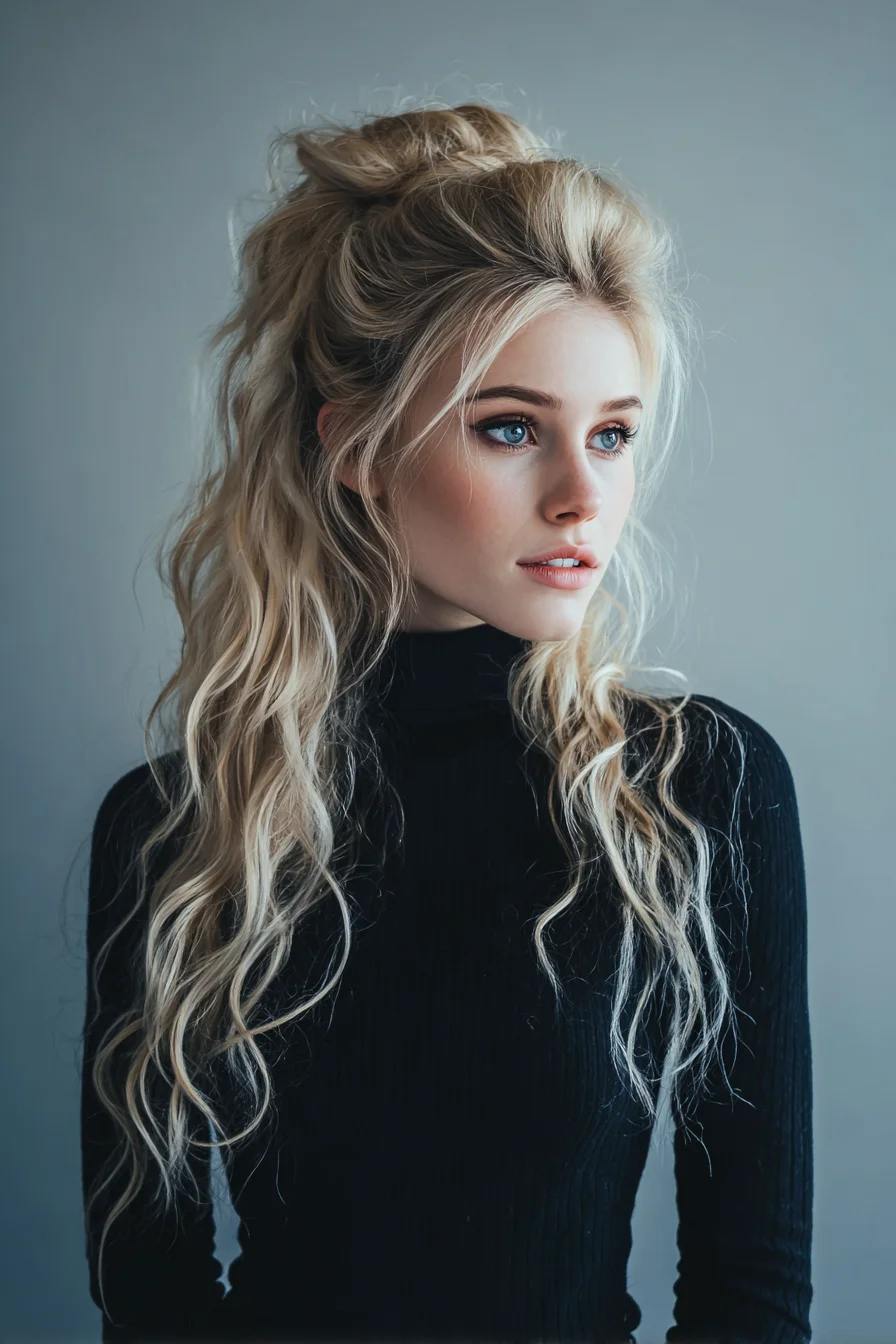 Textured Half-Up Top Knot with Loose Beach Waves