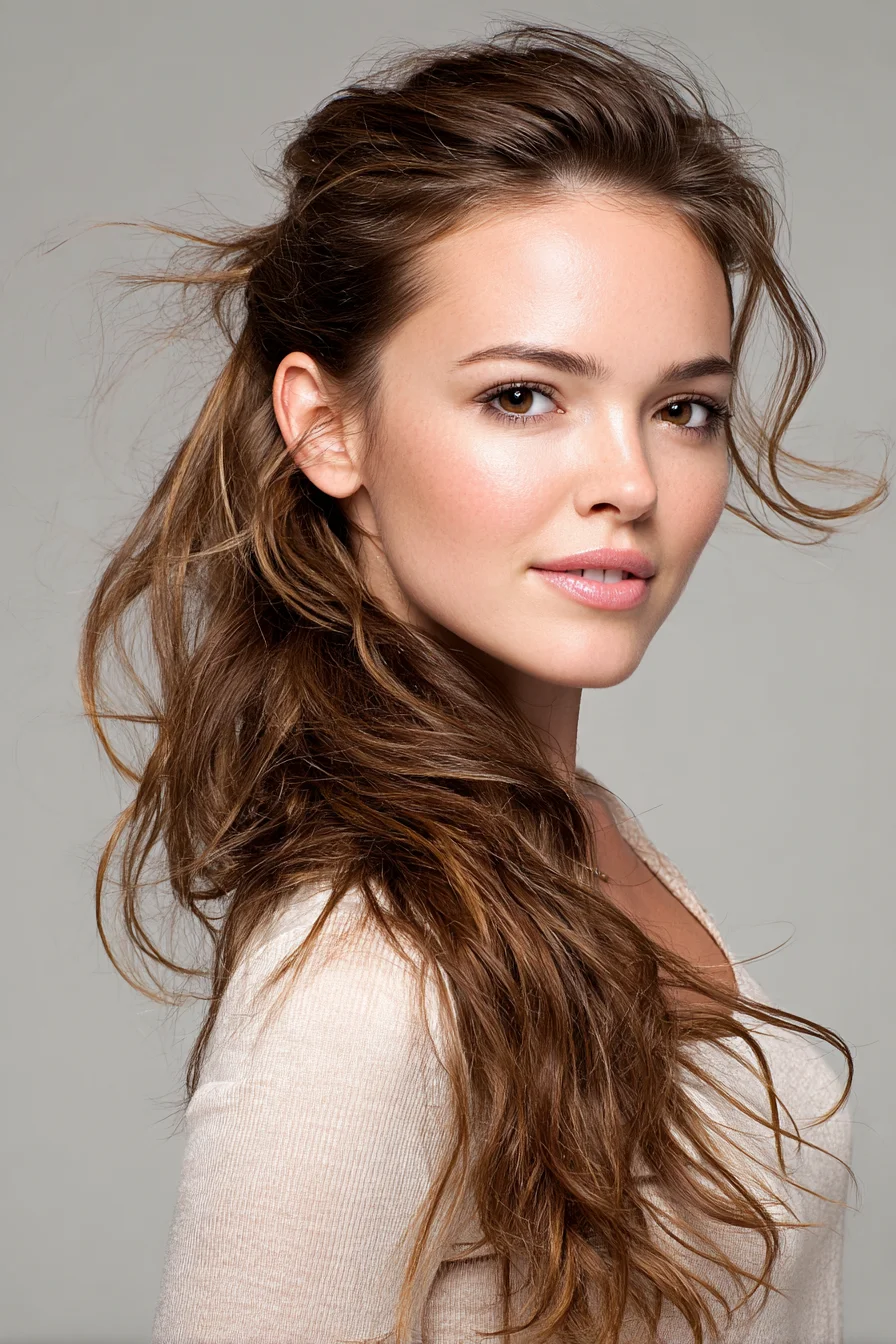 Textured Half-Up Tousled Waves for Long Brown Hair